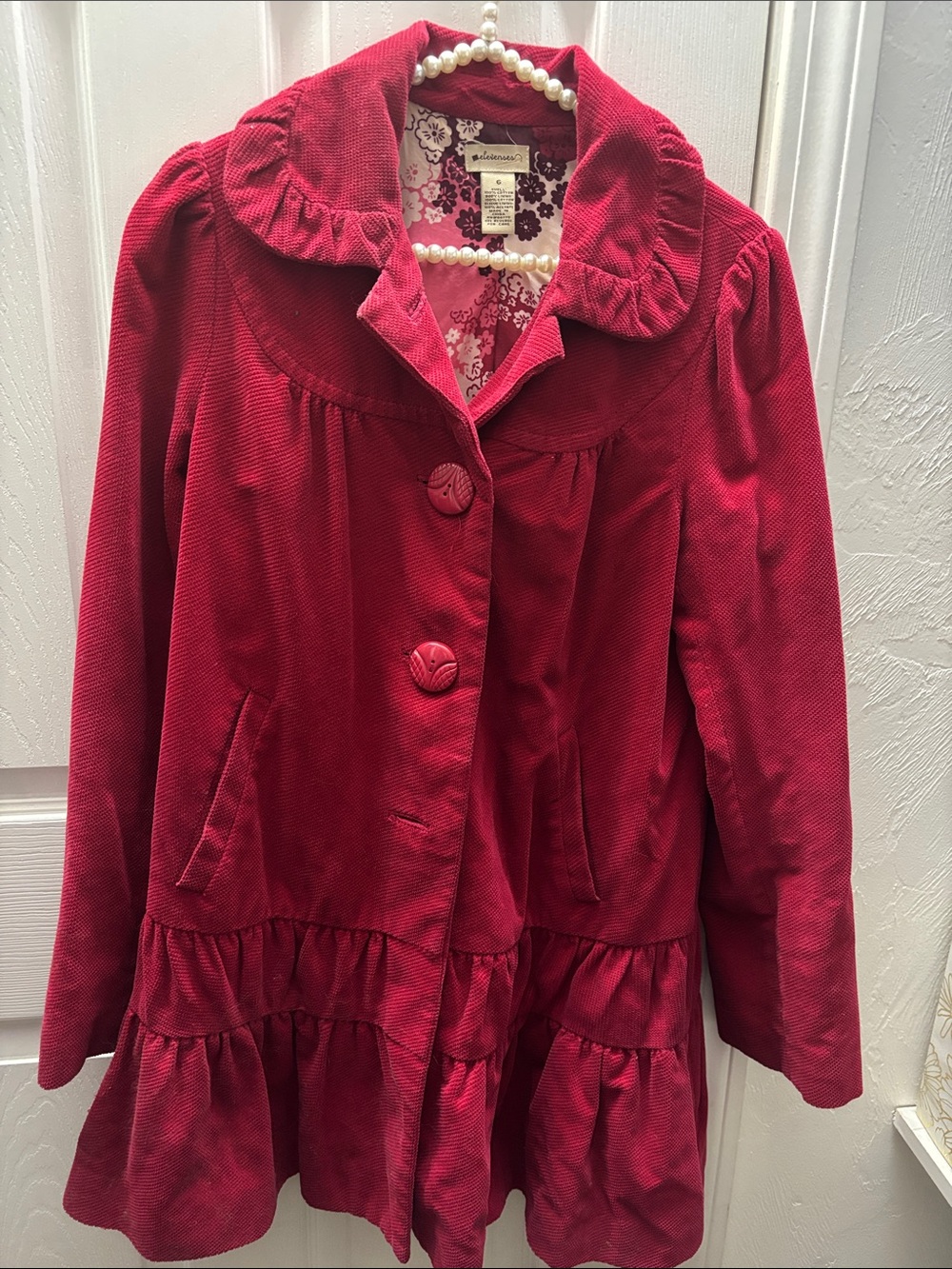 elevenses Red and Pink Floral Lined Corduroy Jacket